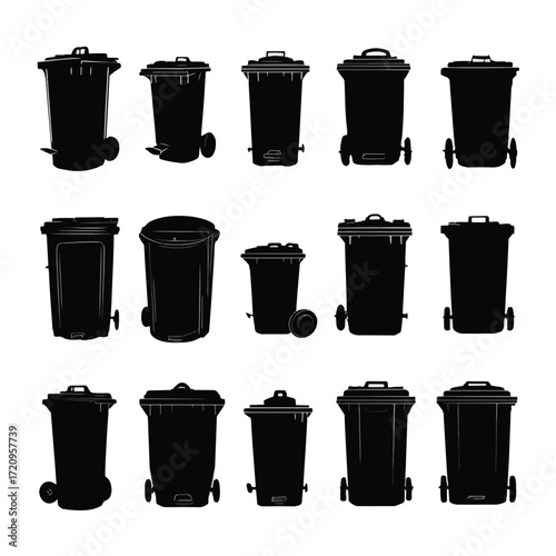 Black and white garbage can silhouettes collection