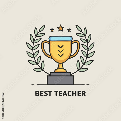 Vector Illustration of Trophy and Laurel Wreath with Text Best Teacher – Minimal Flat Award Design