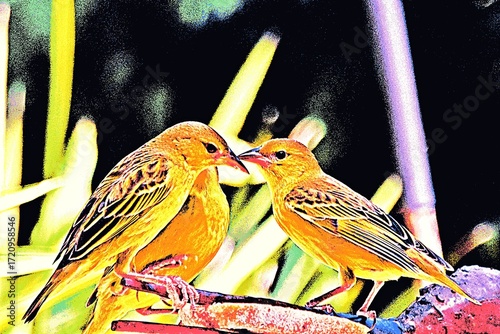 Close up of yellow weaver birds mixed media