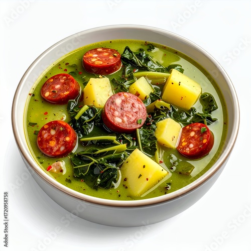 Invigorating green soup with chorizo slices, potatoes, and leafy greens in white background
