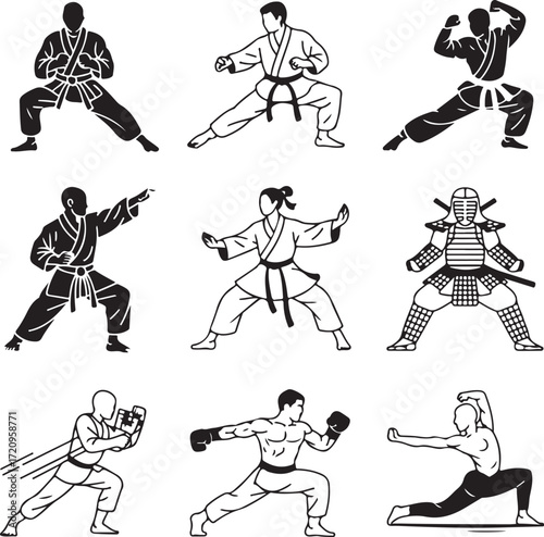 Nine Detailed Martial Arts Figures in Dynamic Poses with Transparent Background karate kung fu
