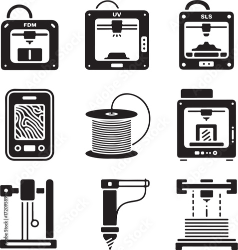 Set of nine detailed 3 D printing devices on a white background 3d printing technology