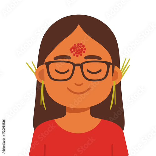 Smiling Woman with Dashain Tika and Jamara

