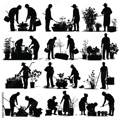 Black and white gardening silhouettes set