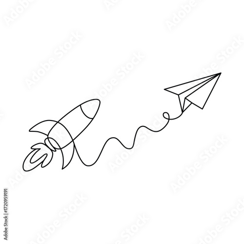 Single line drawing of rocket and paper airplane symbolizing innovation and creative flight to achieve business goals
