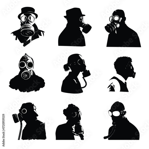 Collection of gas mask silhouettes in black and white