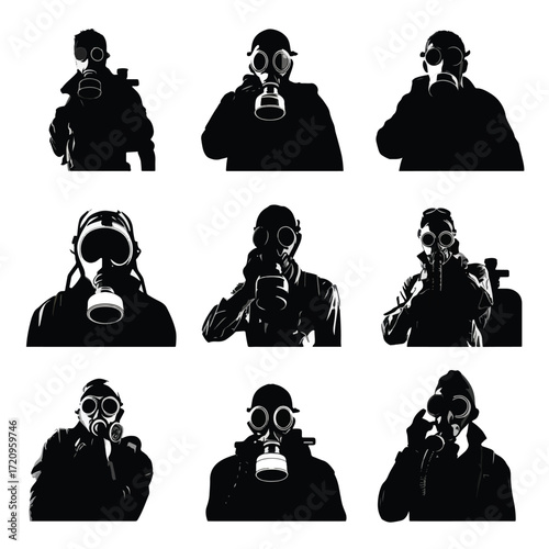 Set of black and white gas mask silhouettes