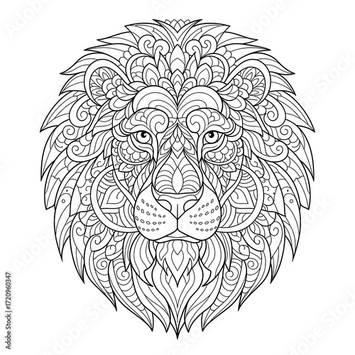 Intricate black and white lion head design, featuring detailed mandala-style patterns and intricate details.