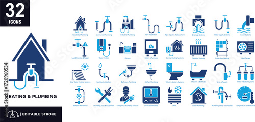  Heating And Plumbing mixed color icon set