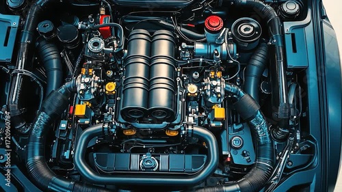 Powerful Car Engine Close Up Detailed View.