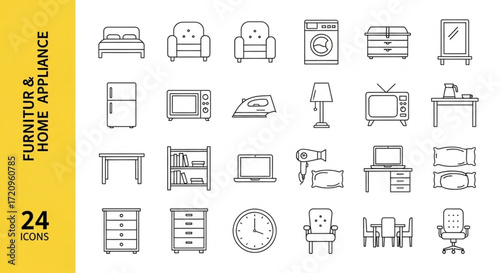Set of Home Furniture and Appliance Outline Icons for Interior Design

