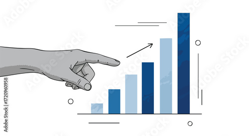 A hand pointing at a rising bar chart, illustrating the concept of business growth, progress, and success.