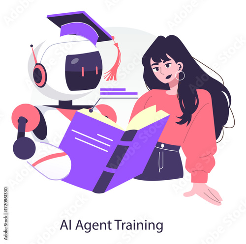 Robot and Woman Engaging in AI Learning Vector Illustration