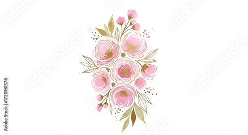 Delicate bouquet of pastel pink flowers with gold accents, arranged in a graceful composition against a pure white background.
