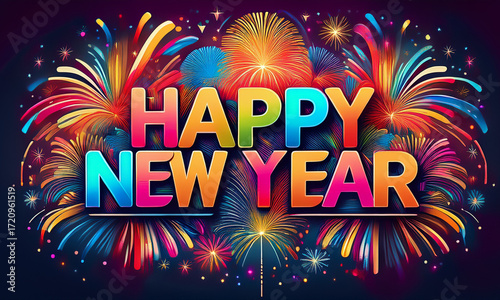 Vibrant Happy New Year Celebration With Colorful Fireworks And Bold 3D Lettering - Graphic Design