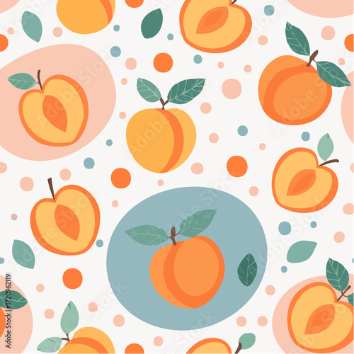 Seamless pattern of peaches with leaves and abstract shapes on a pastel background, playful and fresh.