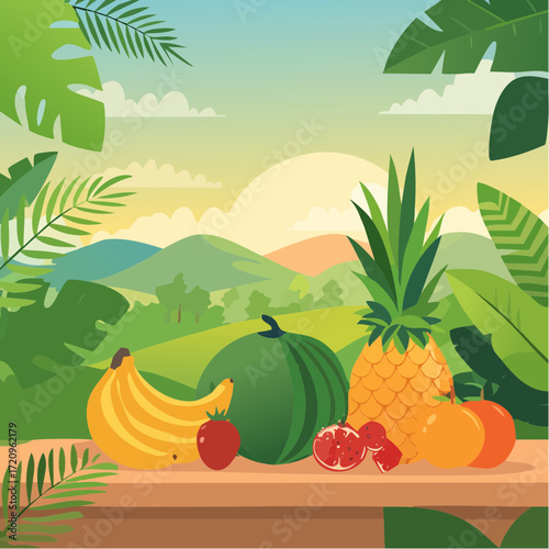 Vibrant tropical farm landscape with pumpkins, pineapples, and lush greenery under blue sky