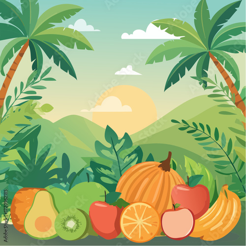 Vibrant tropical farm landscape with pumpkins, pineapples, and lush greenery under blue sky