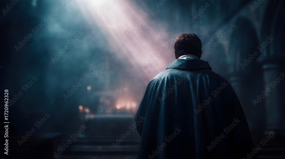 Naklejka premium Reverent figure in dark cloak stands before a church altar illuminated by ethereal light beams in a sacred space