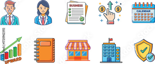 Business and office colorful cartoon icons pack  – doodle flat vector set on white background