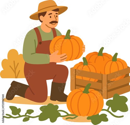 Farmer Harvesting Pumpkins Illustration vector flat design isolated