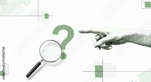 Discovering solutions through careful analysis with a magnifying glass and pointing hand against a clean, modern backdrop