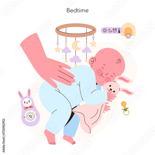 Baby Bedtime Routine Vector Illustration with Sleepy Baby