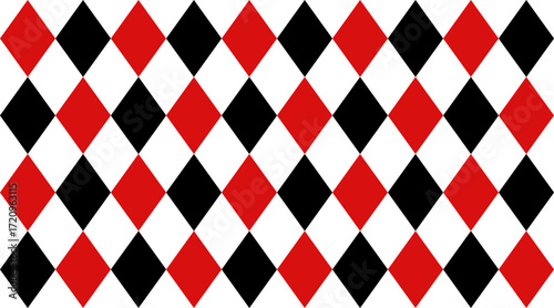 Harlequin red and black seamless pattern. Argyle classic fabric design texture. Diamond lozenge simple background. Joker geometric wallpaper bg. Venetian rhombus carnival ornament. Vector illustration