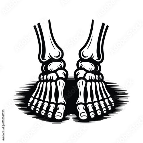 Black and white illustration of skeletal feet spooky Halloween design element artwork