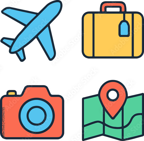 Colorful airplane, suitcase, camera, and map represent travel planning and vacation adventures, evoking a sense of wanderlust and excitement.
