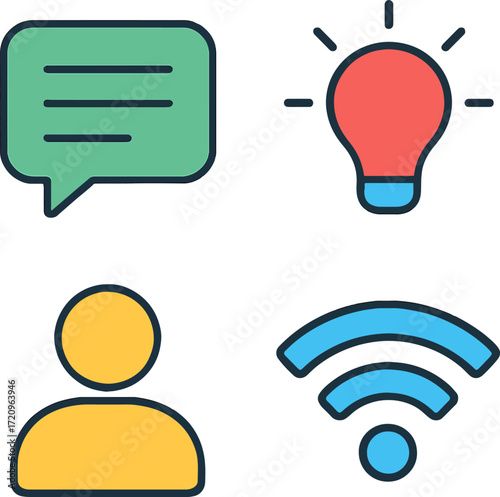 Communication symbols representing message, idea, user, and wifi connection on white backdrop showcase modern digital interaction and connectivity.