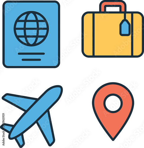 Travel themed symbols representing passport, luggage, airplane, and location pin arranged on a white surface, suggesting adventure and exploration.