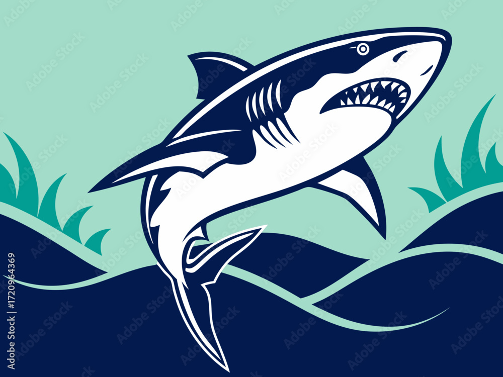 Fototapeta premium Powerful Shark Logo Design in Striking Blue and White