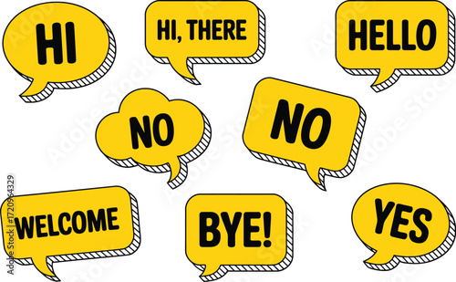 Bright yellow speech bubbles with positive and negative words create a graphic communication concept.