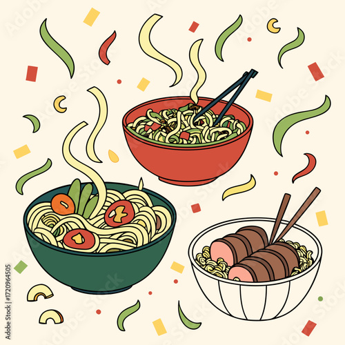 Delicious noodle bowls, vibrant and fresh, perfect for food lovers seeking a tasty meal, inviting a culinary experience with visually appealing Asian cuisine