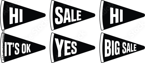 Collection of black pennants with positive words and sale announcements