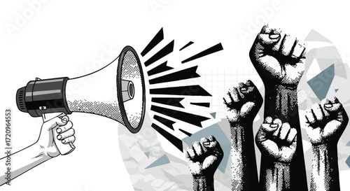 Illustration of a megaphone and raised fists symbolizing protest and activism.