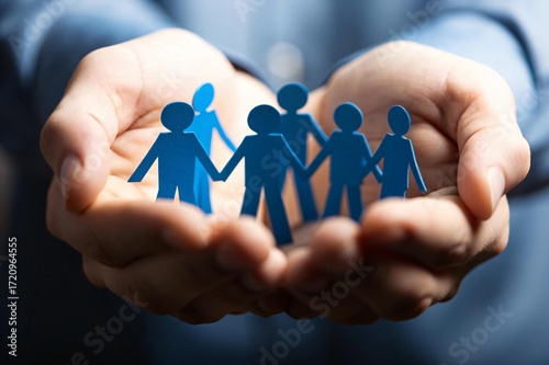 Protecting your team and feeling secure with a caring leader holding paper people representing employees, building strong communities and diverse groups with support and resources
