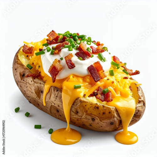 Irresistible loaded baked potato on a pristine white background, a culinary masterpiece