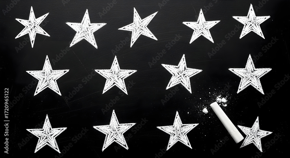Obraz premium Hand Drawn Stars on Chalkboard with Chalk Dust and Chalk Stick Nearby