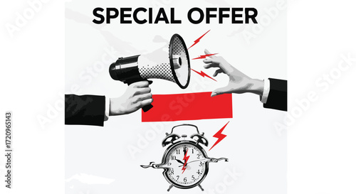 Grab this limited-time special offer now, urgent announcement with megaphone and melting clock, don't miss out!