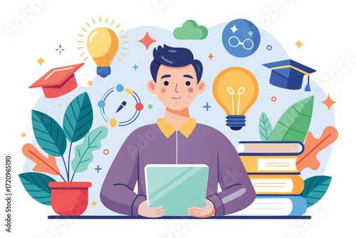 A cheerful illustration of a young person studying, holding a tablet computer.