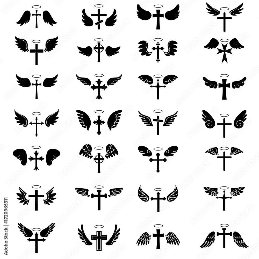 Naklejka premium Halo and cross with wings icon vector set. Angel wings illustration sign collection. Deceased symbol or logo. Halo mark.