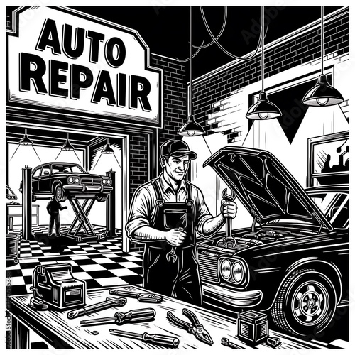A seasoned mechanic works diligently on a vintage car in a classic auto repair shop.