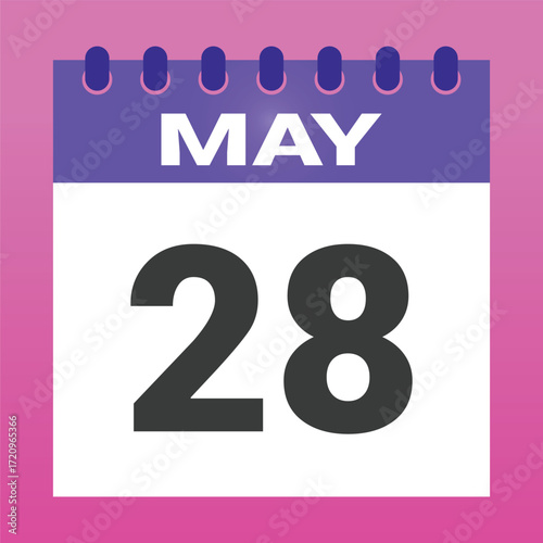 Flat tear off calendar showing may twenty eighth date on white background