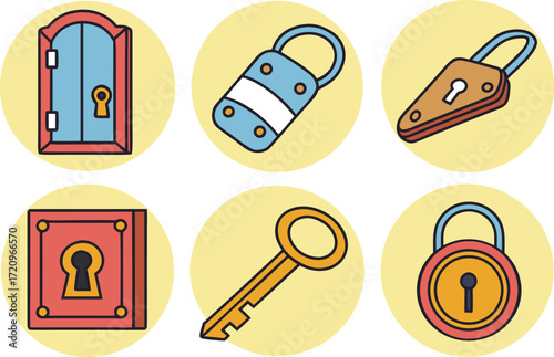 Collection of Flat Design Icons: Locks, Key, and Door with Keyhole vector Illustration