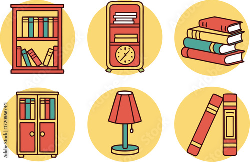 Collection of Illustrated Bookshelves, Books, and a Lamp on Yellow Circles vector Illustration