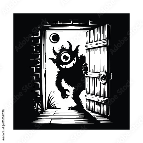 Humorous one eyed monster peeking through an old wooden door illustration for Halloween concepts