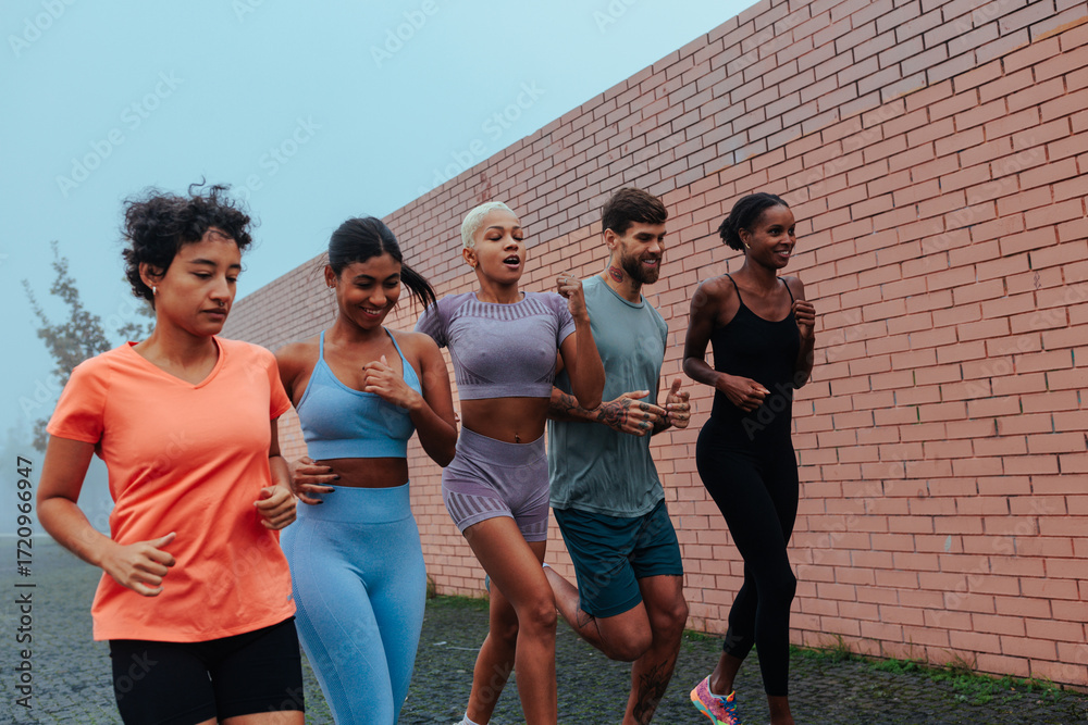Fototapeta premium Group of athletes running together in lisbon, portugal