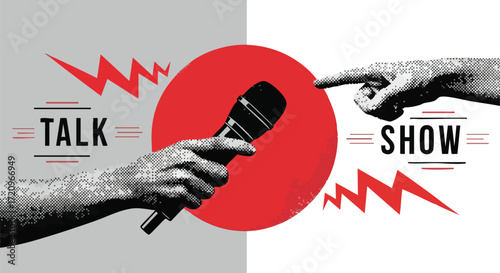 Graphic illustration of a talk show concept with hands, a microphone, and bold typography against a split background.